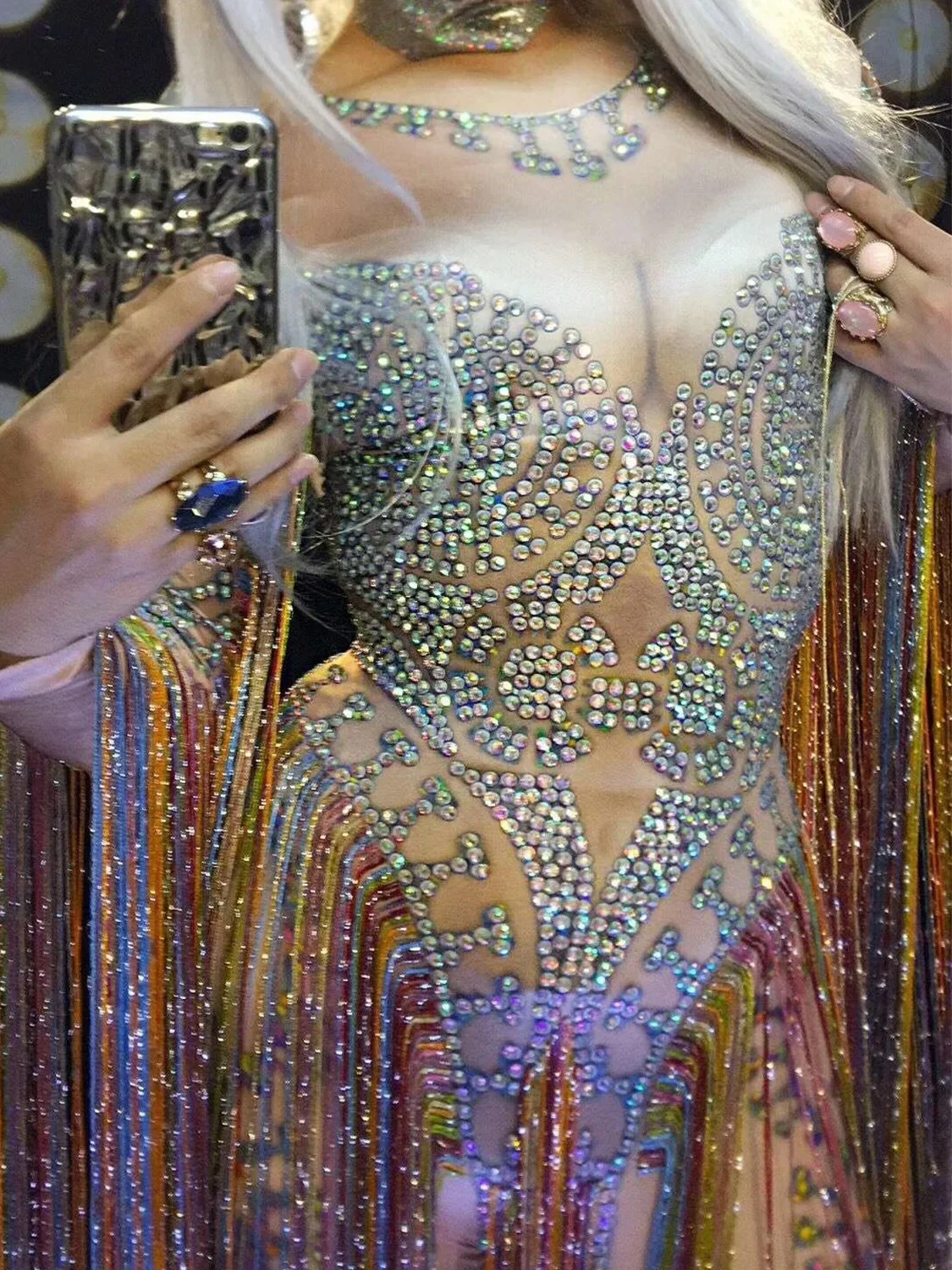 Frauen Funkelnde Strass Bunte Lange Fransen Bodys Nachtclub Bar Sexy Overalls Bühne Zeigen Tragen Pole Dance Outfits