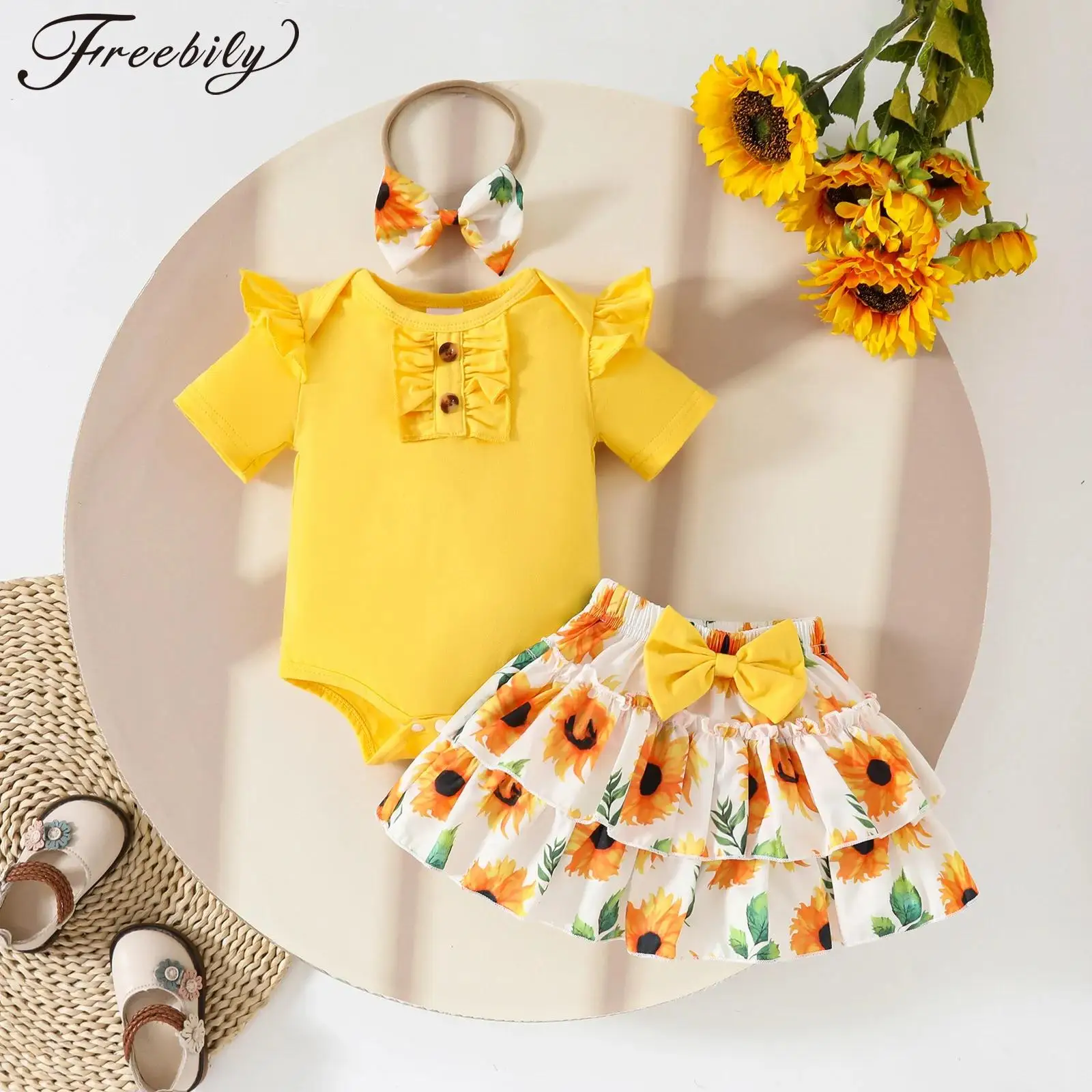 

Baby Girls cute Summer Clothing Set Short Sleeveless Ruffled Rompers Top with Floral Bow Skirt holiday Birthday Party Daily Wear