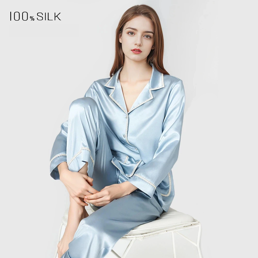 Spring Summer New Women's Heavyweight Mulberry Silk Pajamas Set - Luxury Soft Sleepwear Loungewear Outfit for Comfortable Nightw view 4
