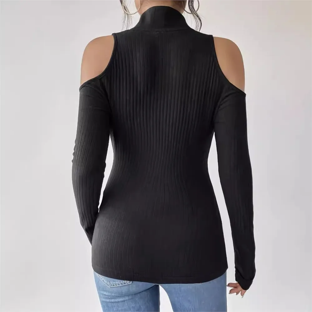 Elegant Women's Striped Free Zipper Stand-up Collar Off-the-shoulder Long-sleeved T-shirt For Slimming