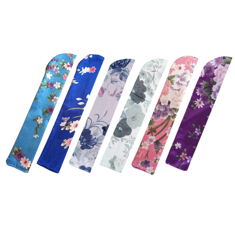 Set of 5 Vintage Folding Fan Silk Storage Bag Flower Print Chinese Hand Fan Sleeve Protective Handhelds Fan Pocket