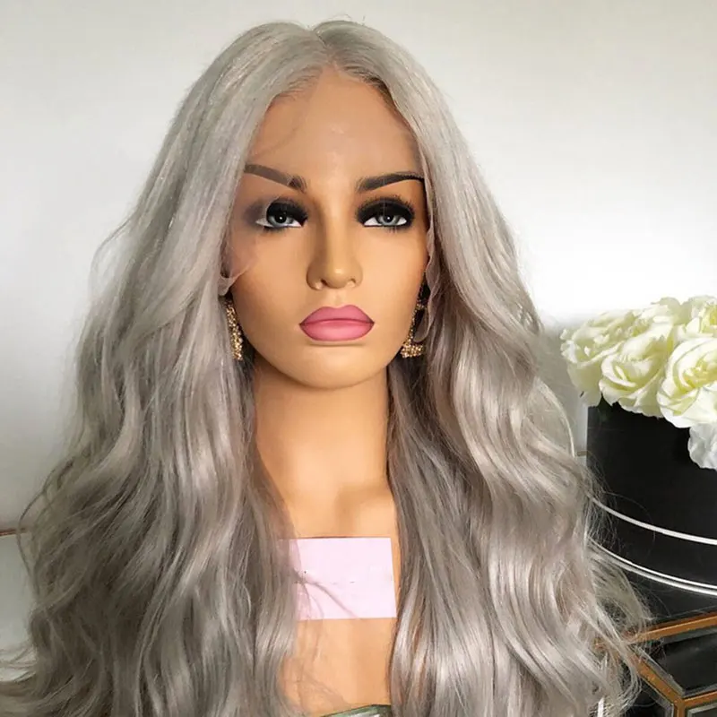 Silver Grey Loose Wave Hair Wig Synthetic 13x4 Lace Front Wigs High Quality Heat Resistant Fiber Hair Middle Parting For Women