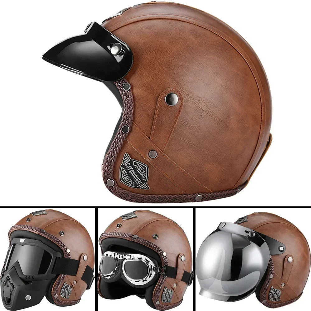 

Retro Open Face 3/4 Motorcycle Helmets Vintage Motorbike Chopper Bike Cascos Scooter Leather Helmet Jet for Men Women DOT