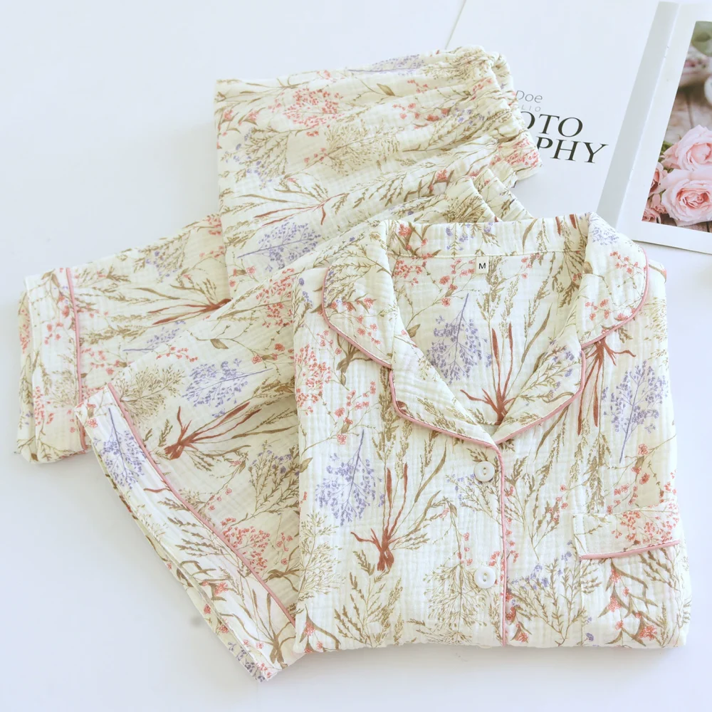 

Летние пижамы, женская одежда для сна, хлопково-марлевая одежда для сна, новая пижама из трех предметов с цветочным принтом, одежда для сна с короткими рукавами