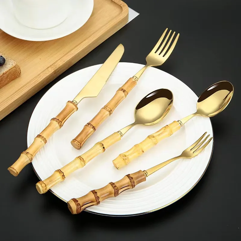 

5Pcs/set Bamboo Handle Gold Stainless steel Cutlery Set food Knife Dessert Spoon Fork coffee spoon Dinnerware Set for hotel