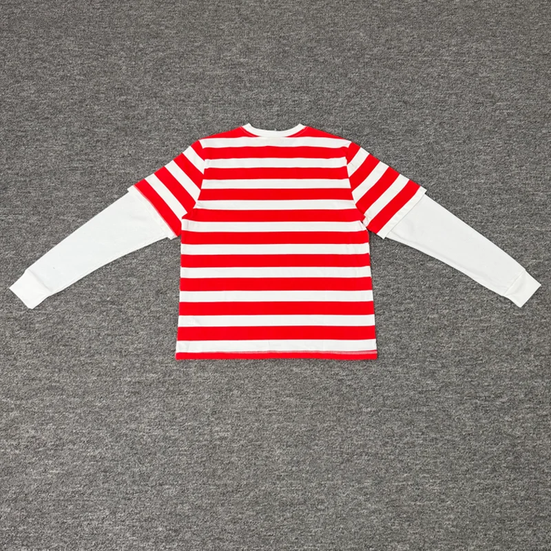 Man Red White Horizontal Stripes Fake Two-Piece Patchwork Long Sleeve T-Shirts Curved Letter Figure Print Protect Tees