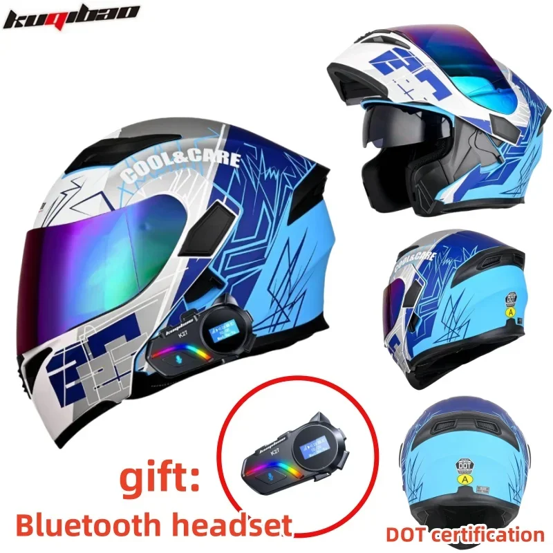 KUQIBAO Dual Lens Motorcycle Full Face Helmet  Anti Fog Lens Flip Helmet Professional Off-road Helmet Motorcycle with Bluetooth