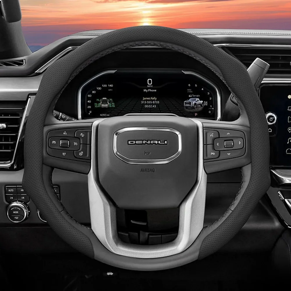 Suitable for Gmc Perforated Leather Steering Wheel Cover, Non-Slip, Sweat-Absorbent, Breathable, Integrated Snap-On Protective