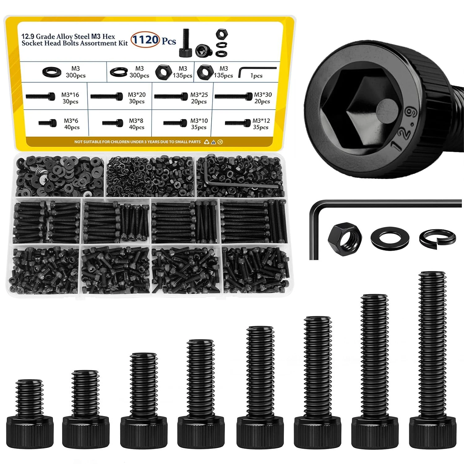 1120/600/480/272/200/185pcs M3/M4/M5/M6 Screws,12.9 Alloy Steel Nuts and Bolts Kit,Black Zinc Plated Hex Socket Head Screws