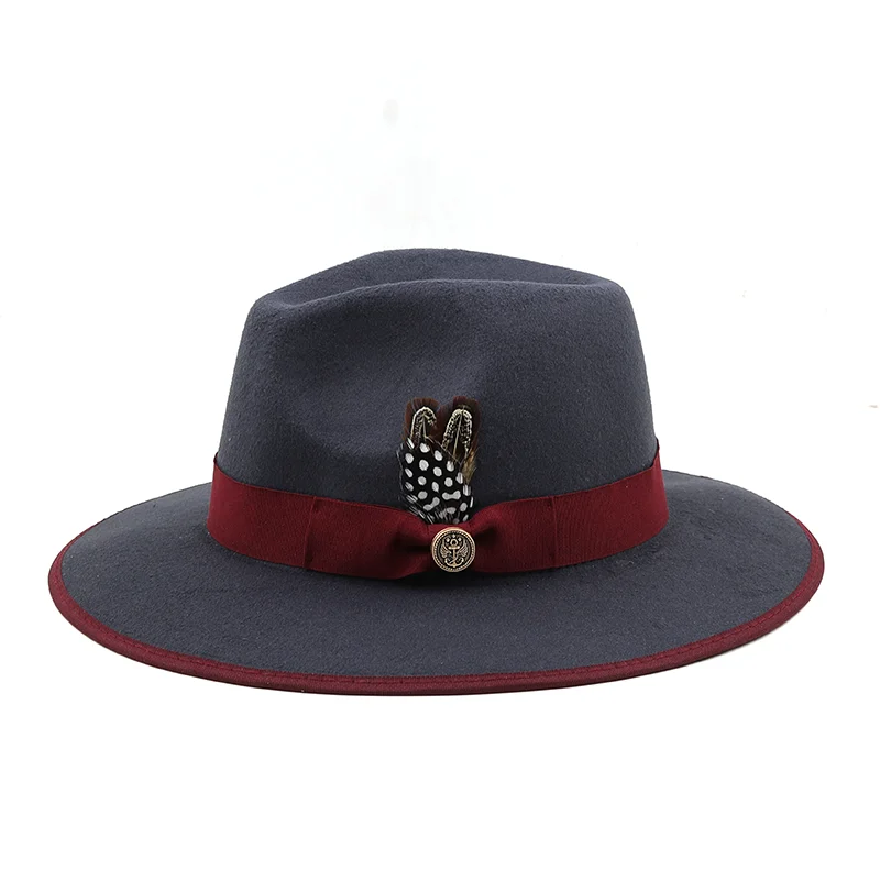 Simple Wool fedora hat Feather band wide brim solid round top women hats classic simple formal dress church Gray winter hat