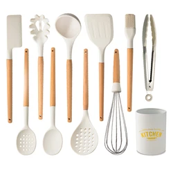 White Silicone Wooden Handle Soup Spoon Spatula Brush Scraper Pasta Egg Beater Non-stick Kitchen Cooking Tools Kitchenware