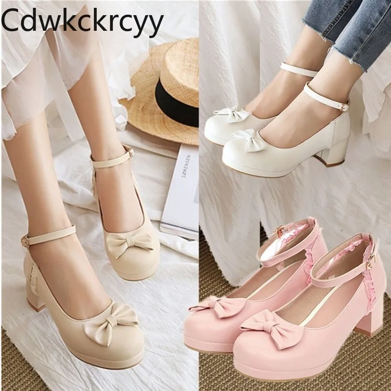 spring and fall The New fashion Round head sweet Bow High heel Women\'s shoes white Pink Beige princess High heel Women shoes