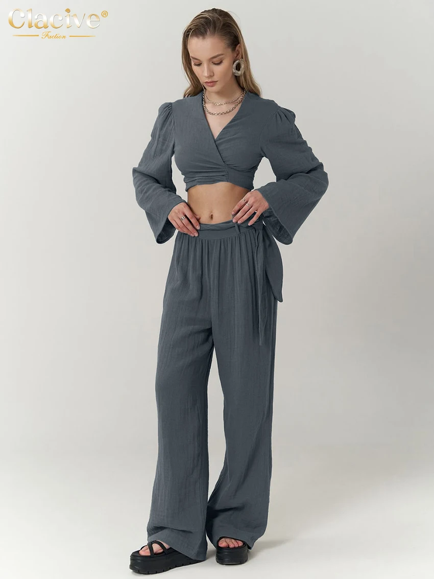 Clacive Set da donna eleganti in cotone grigio allentato casual 2025 Top corto con lacci a maniche lunghe alla moda con pantaloni a gamba larga a vita media