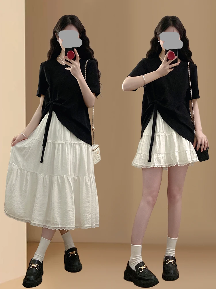 

Casual round Neck Short Sleeve Asymmetrical T-Shirt Cake Skirt Two-Piece Set plus Size Women Summer Slimming Fashionable Ense...