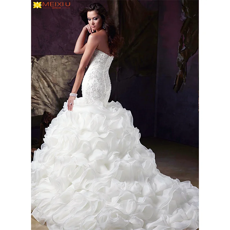 Vestido de novia con cola de cola ondulada personalizada para mujer, apliques, toallita en el pecho, elegante, sirena, Princesa, cuentas exquisitas, novia, nuevo