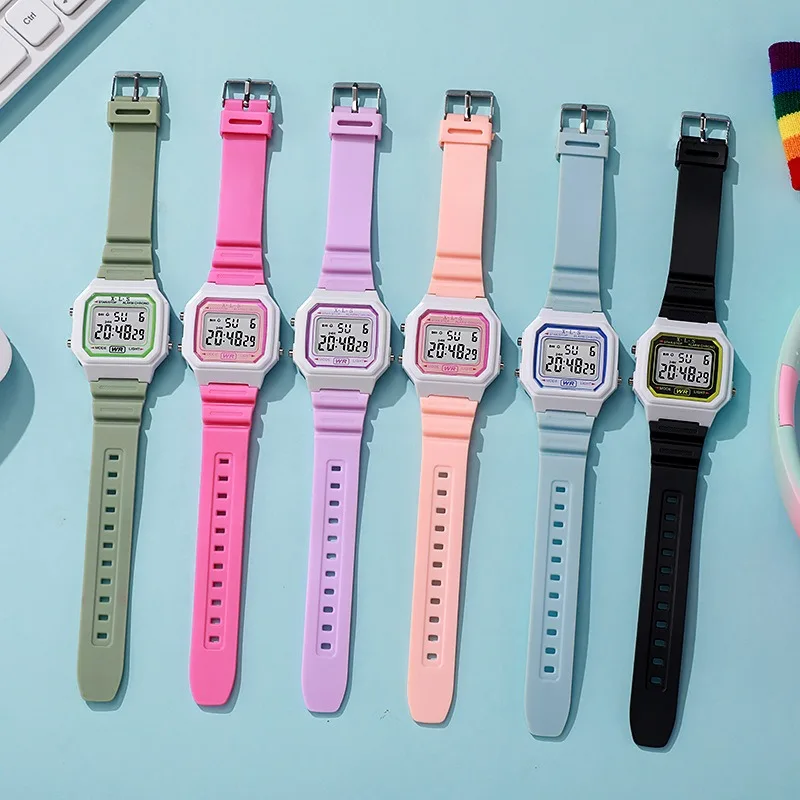 Jam Tangan Olahraga Digital Jam Tangan Elektronik Pelajar Anak Laki-laki dan Perempuan Jam Tangan Pria Wanita Warna Macaron Jam Tangan Persegi Tahan Air
