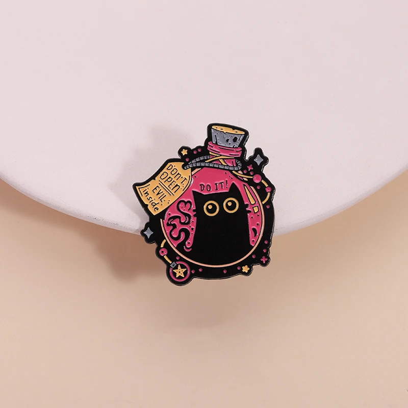 Cartoon Witch Black Cat Elf Enamel Pin Don't Open Evil Inside Big Eyes Kitten Brooch Lapel Badge Funny Jewelry Gift for Friends image 3