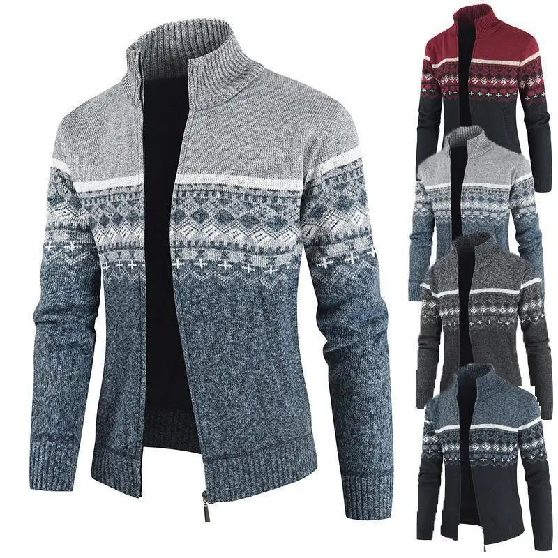 

2025 men's autumn and winter new stand-up collar color matching knitted cardigan, sweater