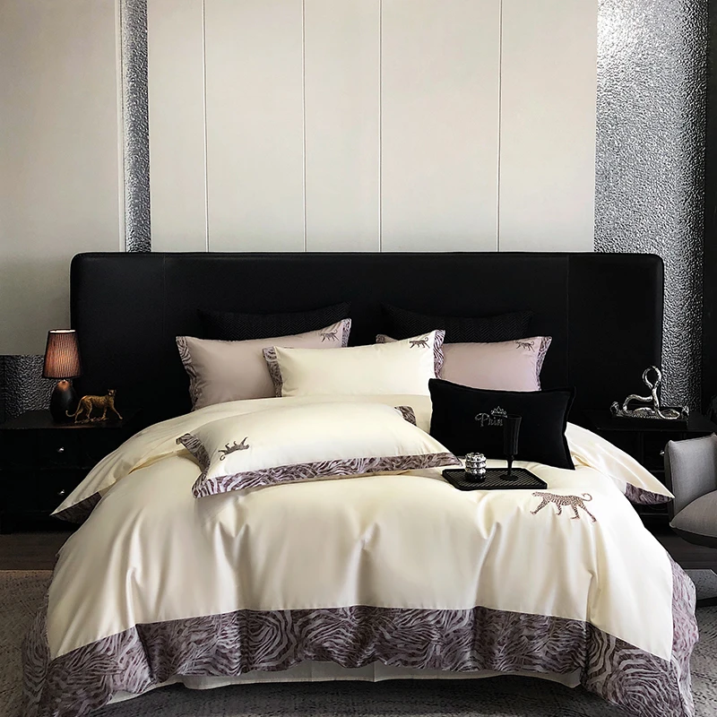 Premium 1000TC Egyptian Cotton Leopard Embroidery Luxury Bedding Set Soft Duvet Cover Set Flat/Fitted Bed Sheet Pillowcases 4Pcs