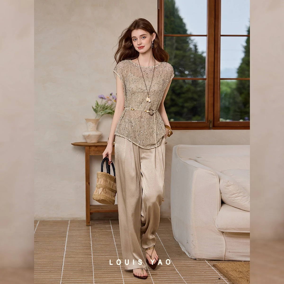 LOUIS YAO Women's 3-Piece Set 2026 Summer Pant Sets French Dark Embossed Cover Hollow-out Sequin Outfit + Vest + Casual Pants