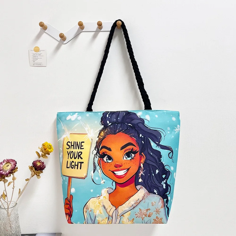 Large-capacity student school bag with illustration of a girl, printed with thick jute rope, handbag for vacation, swimming, and
