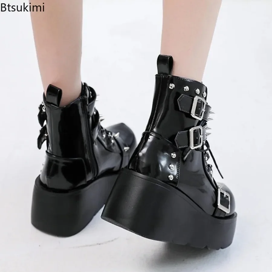 2024 Ladies Wedges High Heels Boots Metal Decor Buckle Punk Platform Females Boots Party Gothic Street Woman Shoes Knight Boots