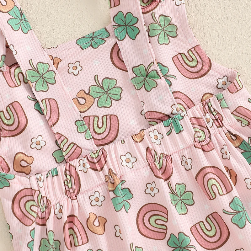 Kids Girls Overalls Rainbow Shamrock Print Spring Flare Pants Clothes for Irish Holiday