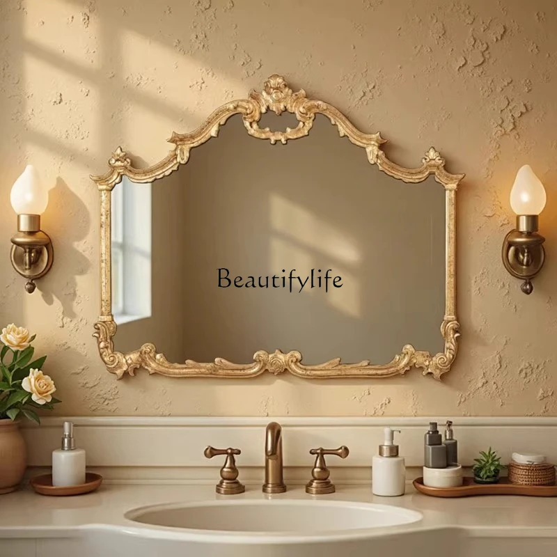 

French retro special-shaped makeup mirror wall-mounted washstand carved bathroom mirror