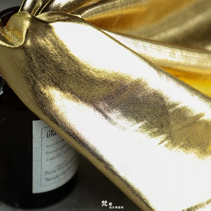 Designer Fabric TPU Artificial Leather Soft Bright Gold Mirror Coated Elastic Knitted Fabric Diy Sewing By The Meter Wholesale