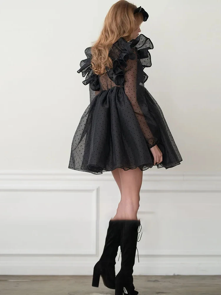 Customized Black Evening Dresses Lolita V-Neck Puff Sleeves Puffy Formal Party Dress A-Line Illusion Sexy Cute Point Tulle Prom