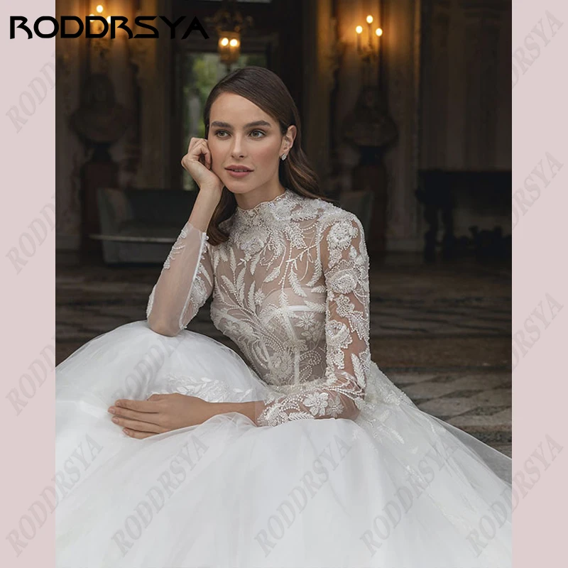 RODDRSYA Princess High Neck Wedding Dresses For Women Romantic Lace Long Sleeve Bride Party Elegance Appliques Bridal Gowns