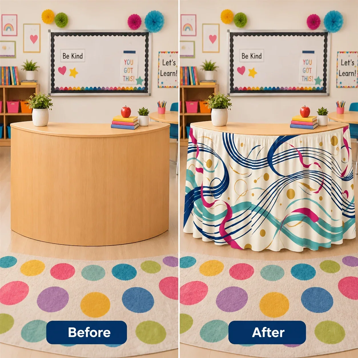 1 tablecloth skirt with abstract swirl pattern in blue turquoise, pink and gold