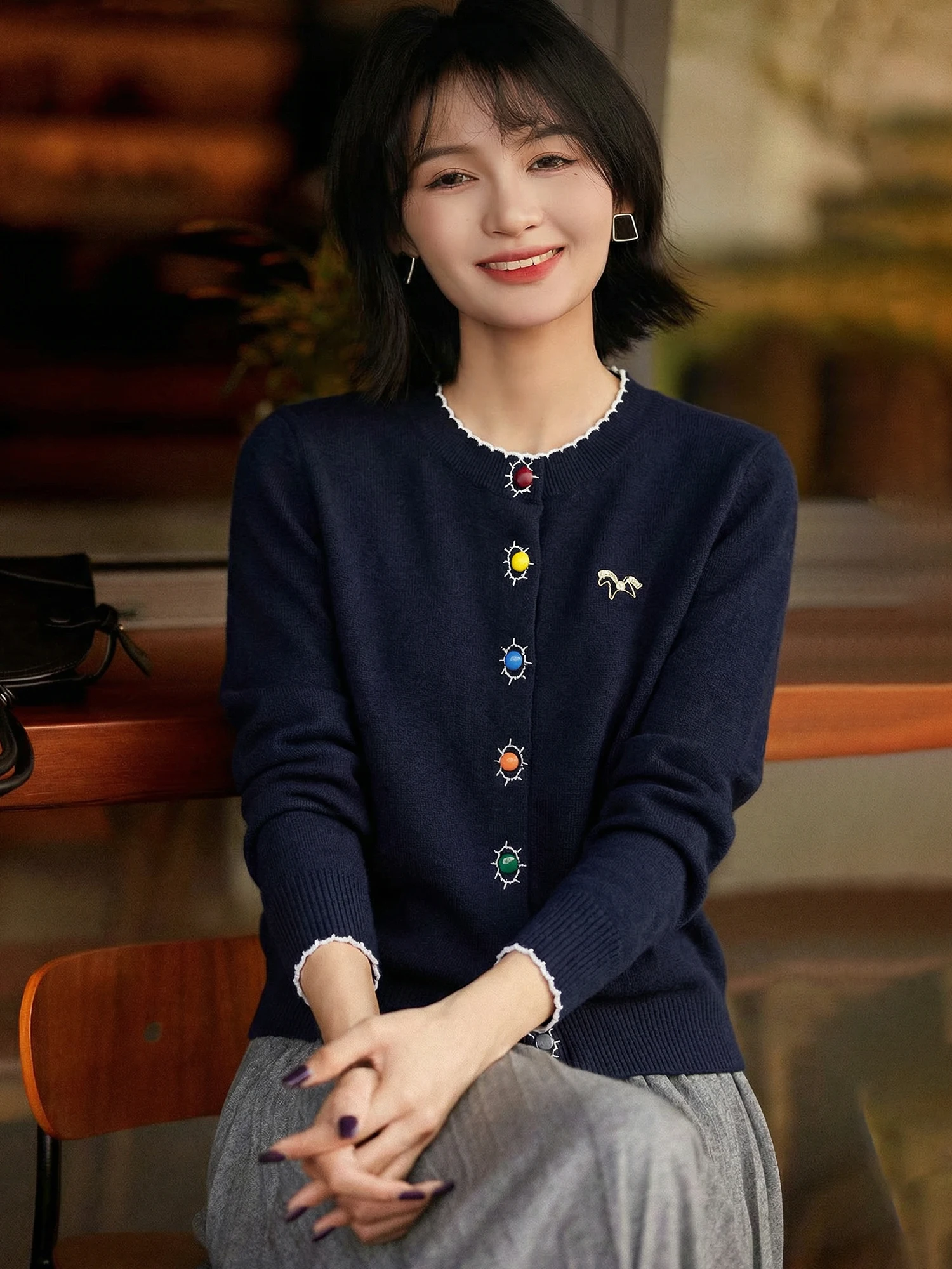 

Шерстяной вязаный свитер Chivirin для женщин, с круглым вырезом, в стиле колор-блок, теплый, модный, весенне-осенний, незаменимый трикотаж