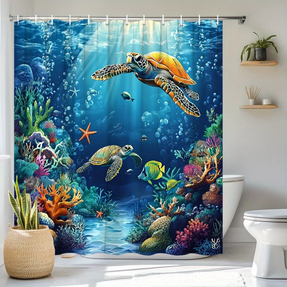

1 шт. Занавеска для душа с морской черепахой - Яркая коралловая рифовая океанская сцена с двумя черепахами, морской звездой и рыбой, прочная полиэфирная ткань, Mach