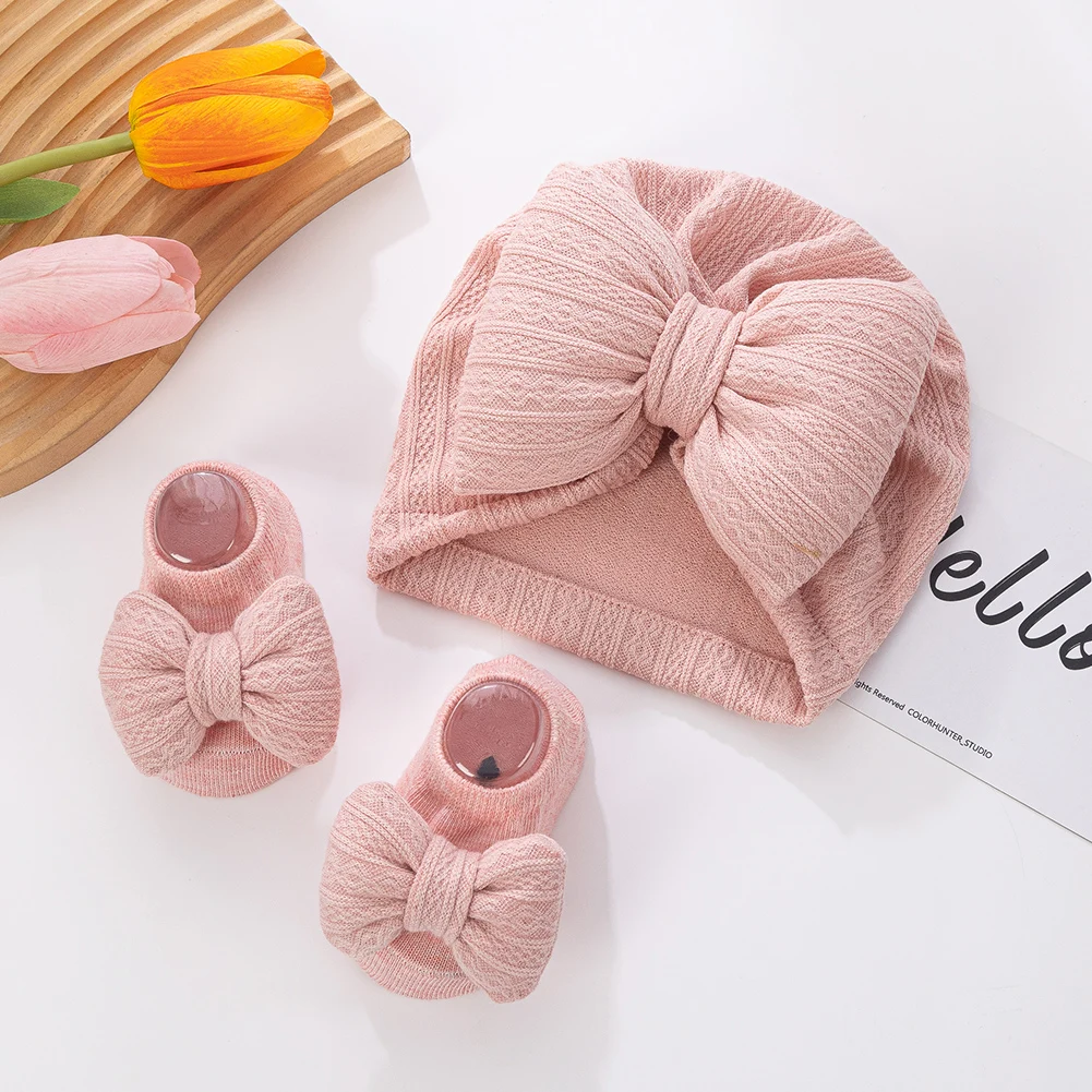 

3Pcs/Set Baby Hats Socks Set Big Puff Pillow Bows Boys Girls Beanies Caps 0-12M Non-Slip Short Sock Infant Photography Props