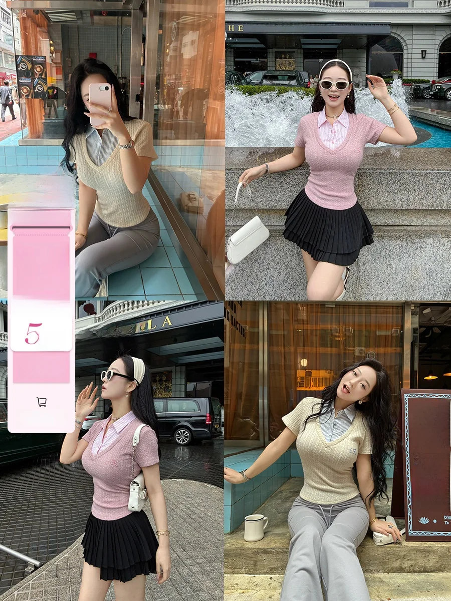 

Embroidered Shirt Collar Short Sleeve Fake Two-Piece Slim Fit Women's Top Casual Style Comfortable Knitted Sweater Spring Fas...