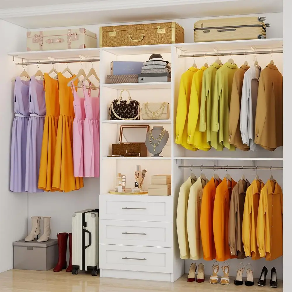 

3-Door Wooden Closet Organizer System, Adjustable Shelves, Expandable Hanging Bars, Heavy-Duty White Storage for Bedrooms