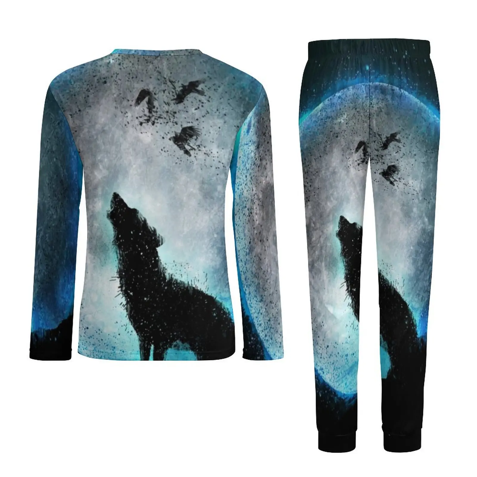 Pijamas Funky Wolf de manga larga, conjunto de pijamas para el hogar de dos piezas de Midnight Howl, ropa de dormir suave de talla grande con diseño masculino de otoño