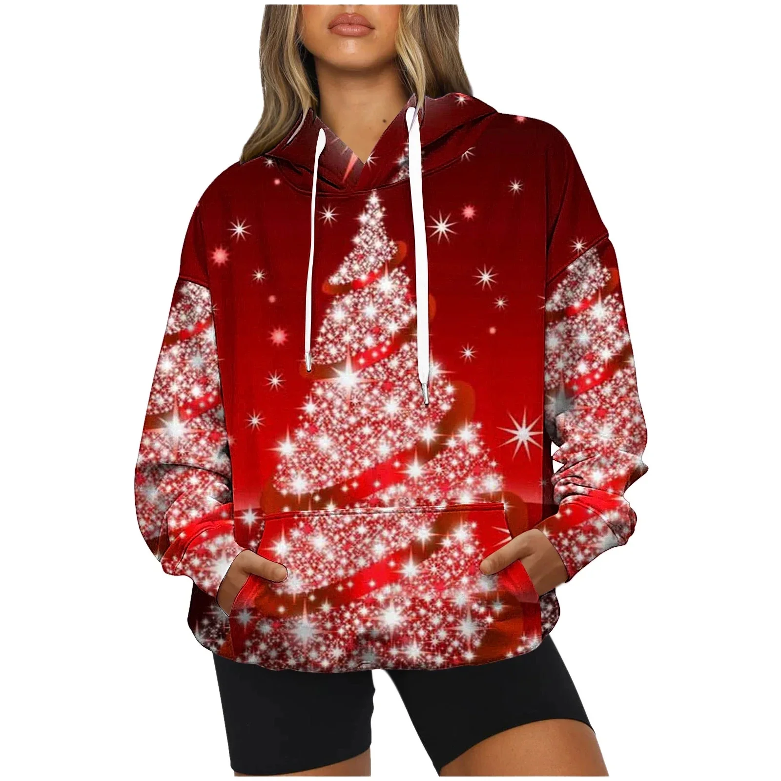 Christmas Hoodies Christmas Tree Snow 3D Print Women Fashion Long Sleeve Hooded Sweatshirts Streetwear Pullovers Female Clothing