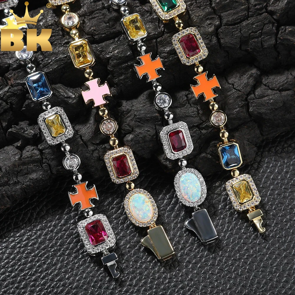 

THE BLING KING Hidden Big GemStone Opal Bracelet Iced Out AAAAA+ Colorful Cubic Zirconia Gem Necklace Hiphop Jewelry
