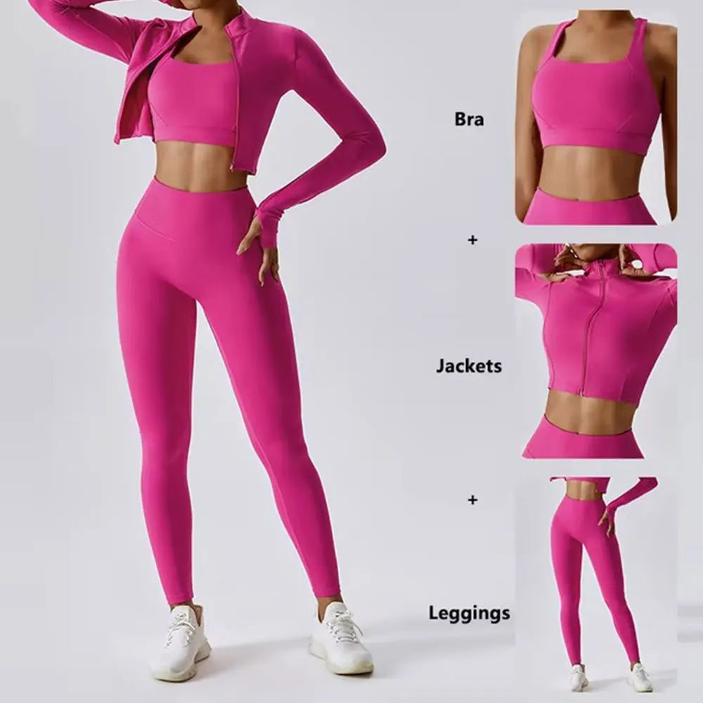 Yoga Set 3Pcs Sports Set Women Workout Suit Quick-Drying Yoga Clothes Gym Jackets Sportswear Female Running Jackets Set Women