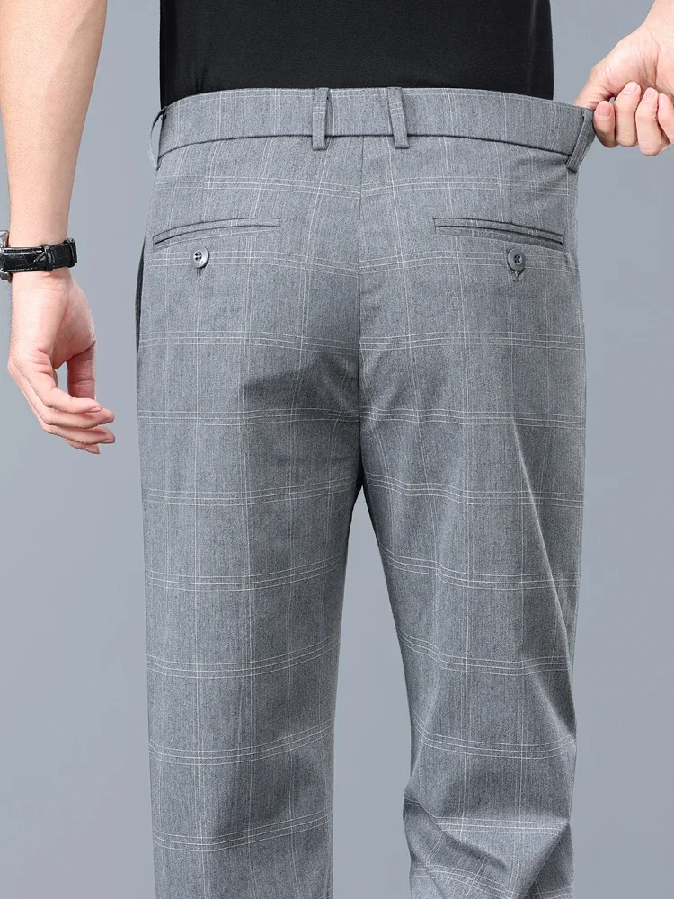 Men Slim Business Pants Summer Thin Casual Pant Fashion Plaid Formal Stretch Grey Black Male Clothing England Trousers