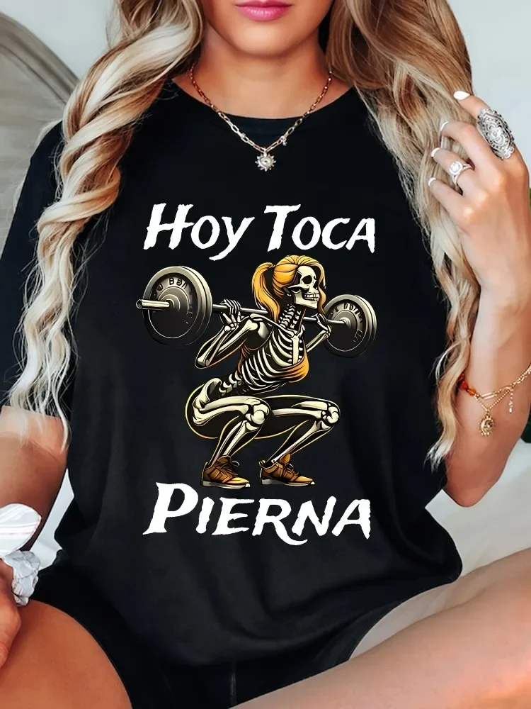 T-shirt graphique de musculation Hoy Toca Pierna pour femme, col rond décontracté, motif crâne optimiste, confortable, style Y2K, idéal pour l'été
