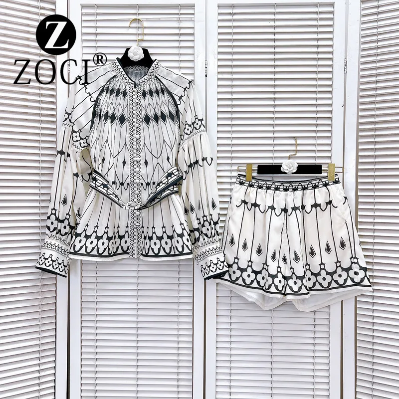 [ZOCI] Women Southern Oil Vacation Leisure Autumn Design Sense Stand up Collar Lantern Sleeve Shirt Top Shorts Belt Set