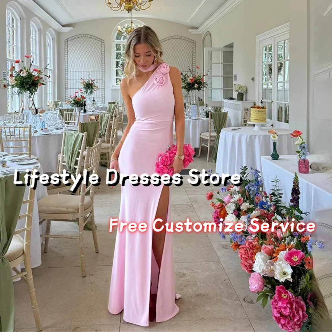 

Pink Prom Gown Halter Mermaid Party Dress For Women Sexy Side Slit Formal Occasion Dress 3D Flower Prom Dress