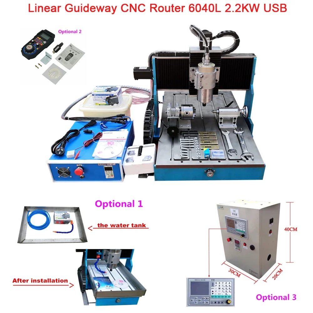 Grabador lineal Guideway 6040, máquina cortadora de grabado con tanque de agua, volante, Control sin conexión opcional, 2,2 kW, 4 ejes