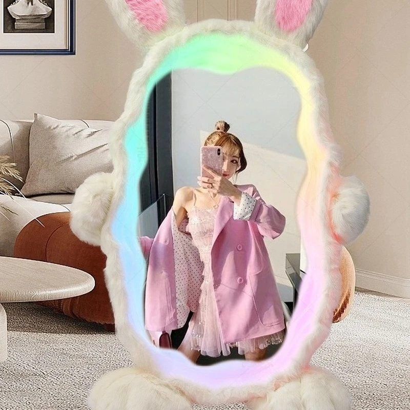 

Fluffy Rabbit Floor Mirror with LED Lights Full Length Dressing Mirror for Bedroom Vanity