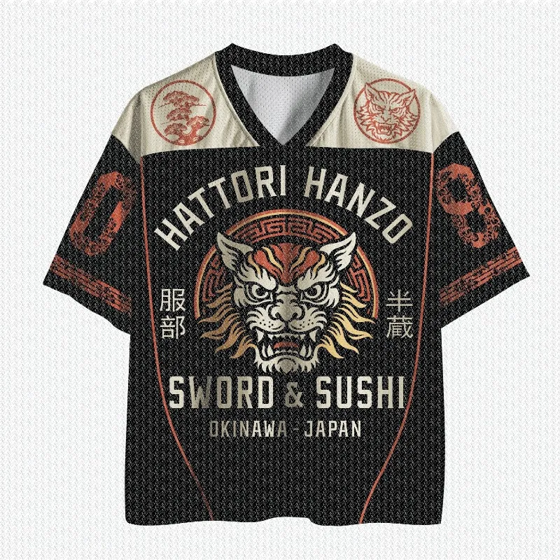 V Neck Cream Black Block Mesh Jersey T Shirt Vintage Lion Head Pine Tree Japanese Letter Print Retro Oriental Streetwear Top