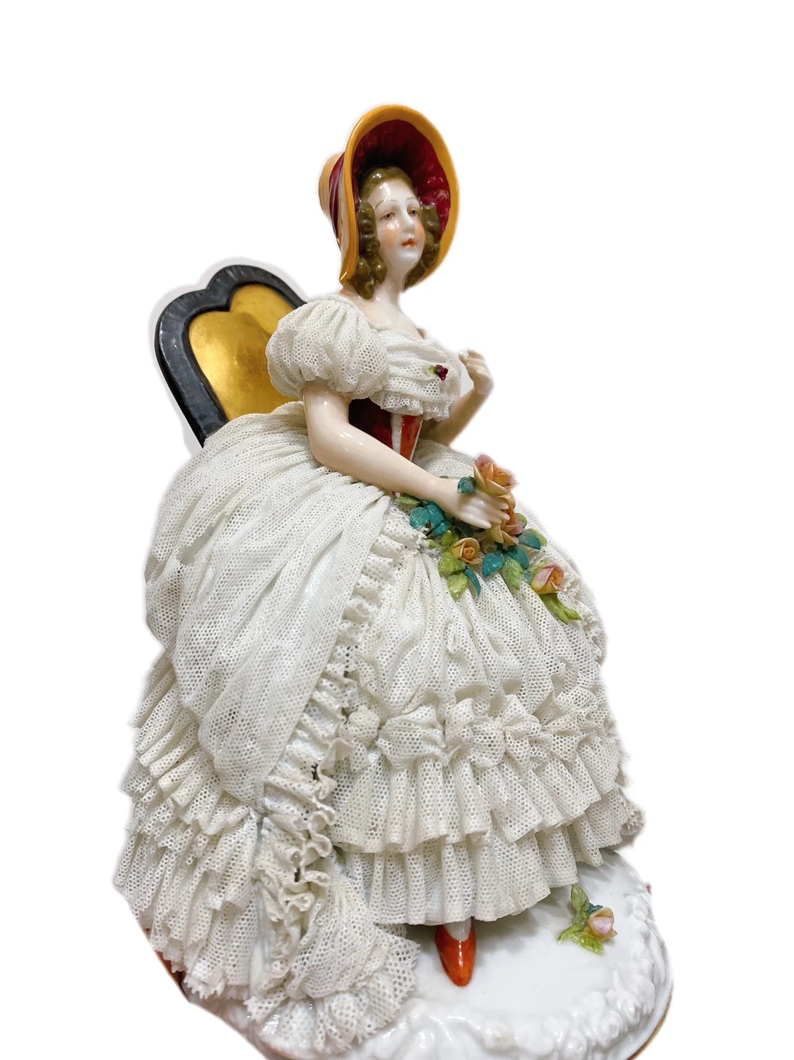 Germany Dresden Lace Porcelain Doll Lady on a Golden Chair Ceramic Antique Ornament Collectible