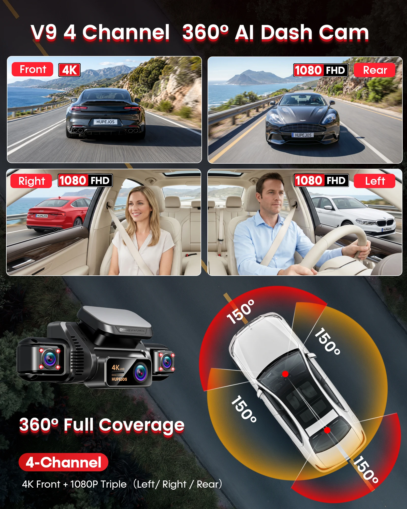 HUPEJOS V9 4CH 360° ° 4K Dashcam, KI-DMS-Monitor, WLAN & GPS, Nachtsicht, Touchscreen & Sprachsteuerung, 24/7 Parkmodus – Detail 4